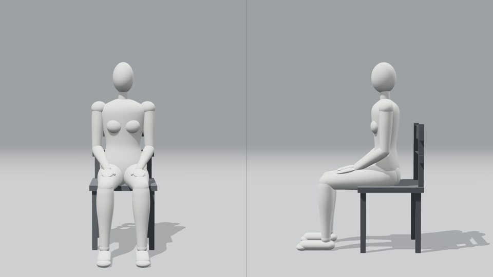 3D model, Seated hands on thighs, sitting tall (front and side views)