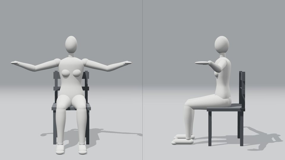 3D model, Seated, both arms floated out to shoulder height (front and side views)