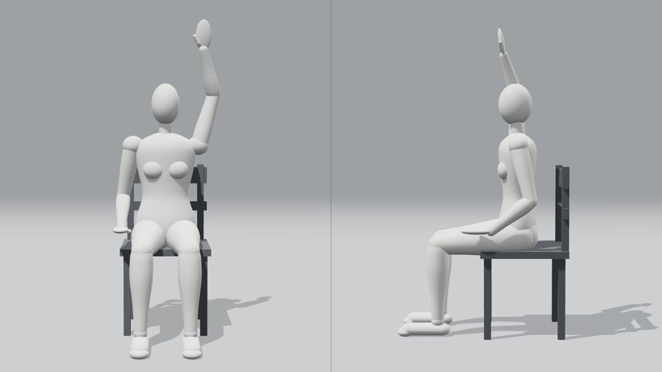 3D model, Seated, lift and press on the other side (front and side views)
